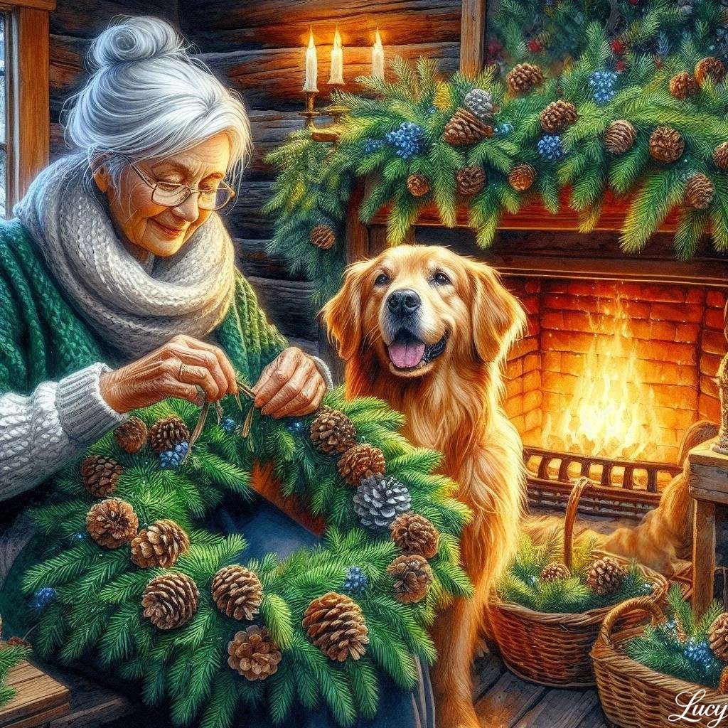 松ぼっくりと常緑樹の枝のガーランド オンラインパズル