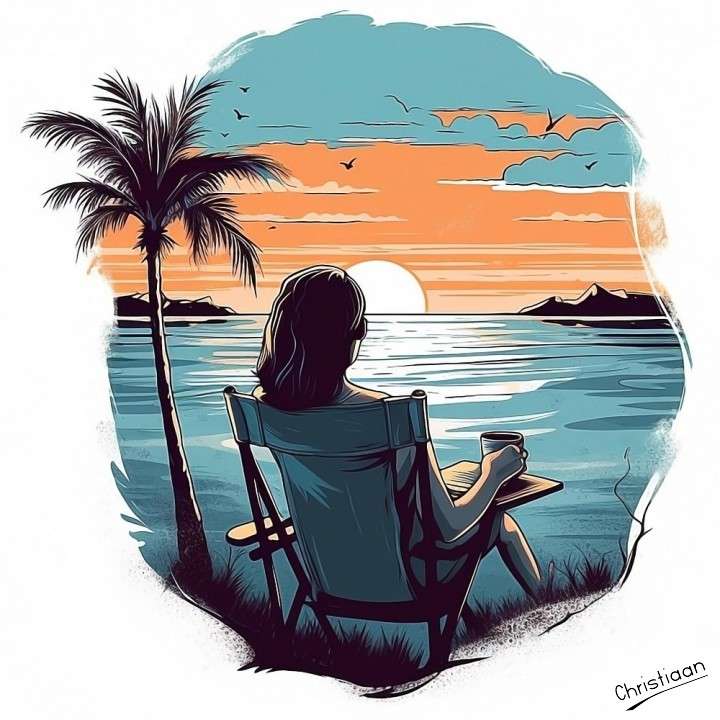 少女、海、ビーチ。 オンラインパズル