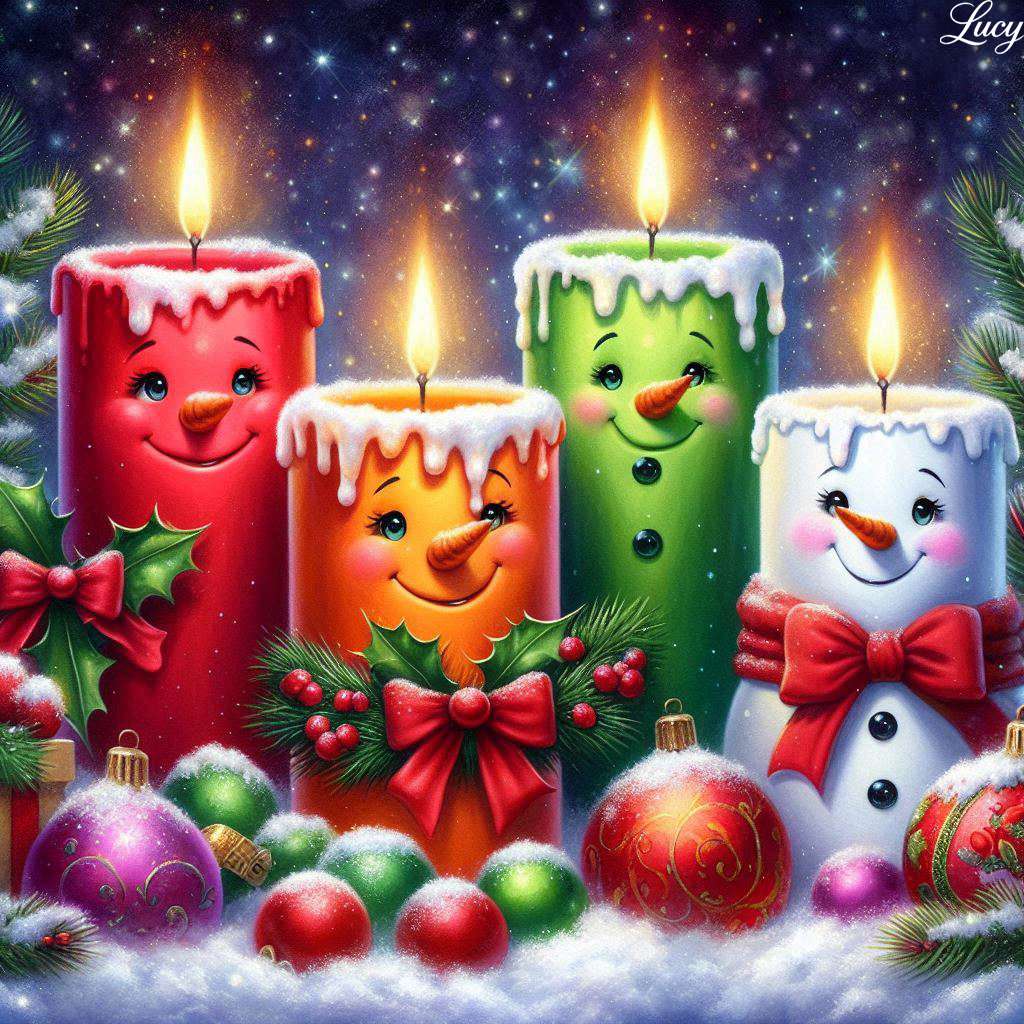 雪だるまの顔をしたアニメーションのキャンドル 4 つ オンラインパズル