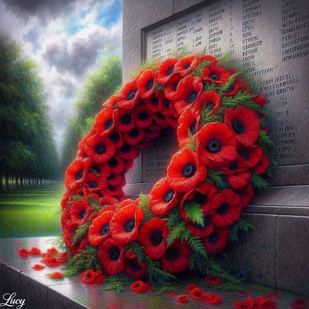 石造りの戦争記念碑に置かれたケシの花輪 ジグソーパズルオンライン