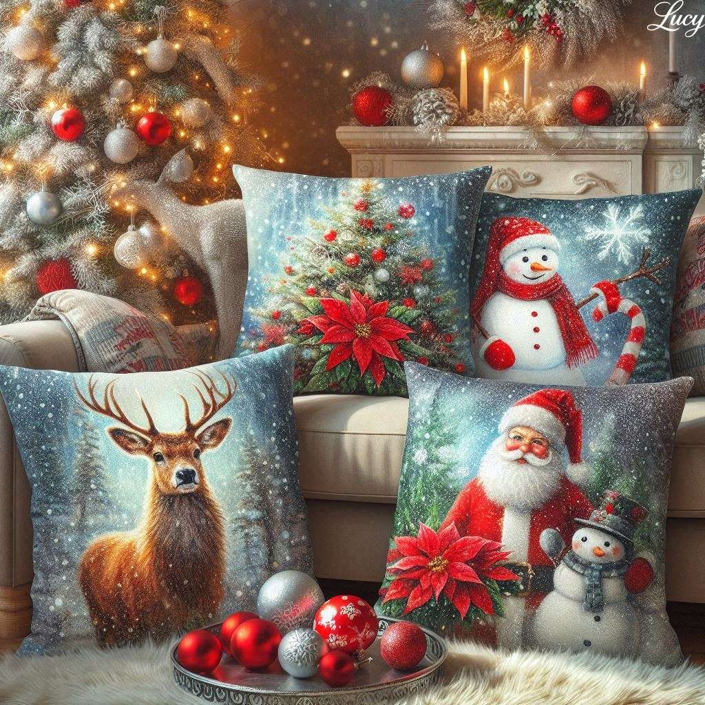 Un canapé beige orné de coussins festifs puzzle en ligne