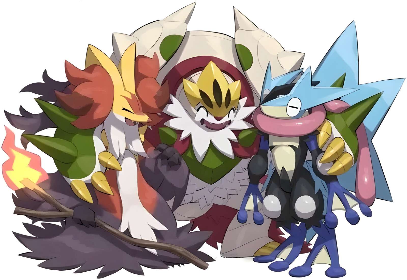 Mega-Delphox, Mega-Chesnaught és Mega-Greninja. kirakós online
