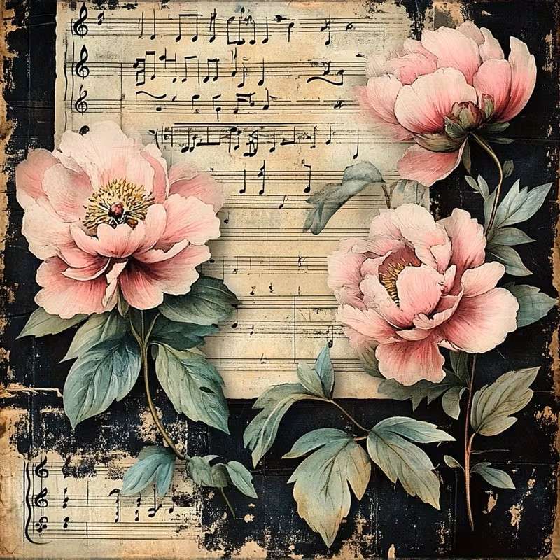 古い楽譜とビンテージ スタイルのバラ ジグソーパズルオンライン