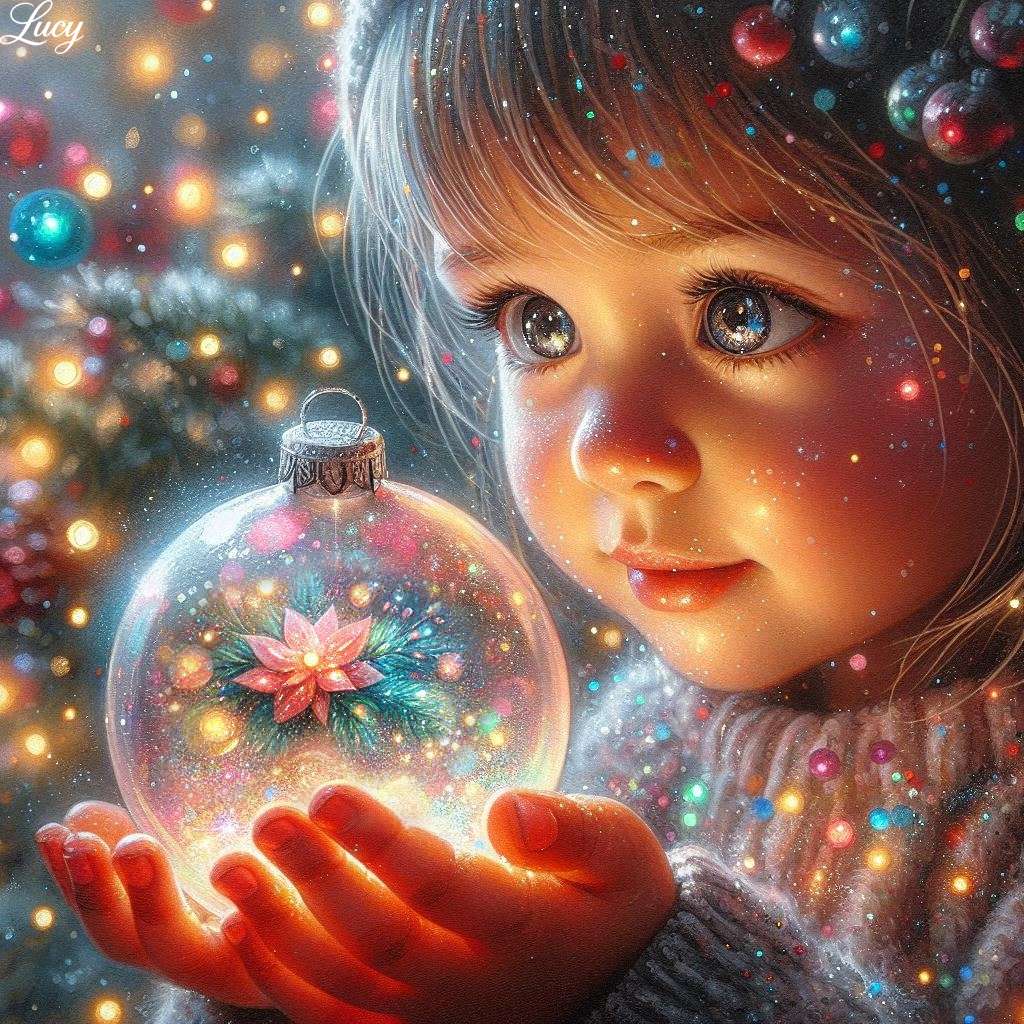 Dziecko trzymające magiczną bombkę bożonarodzeniową puzzle online