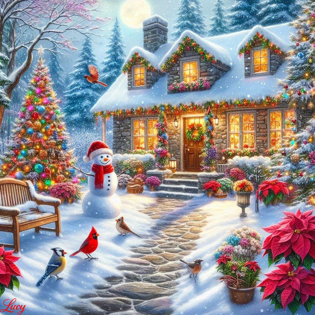 A cheerful snowman in a red scarf online puzzel