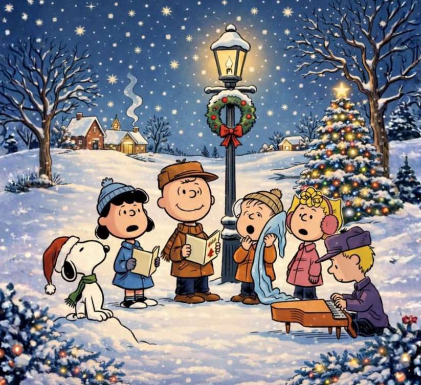 Chuck en zijn vrienden zingen kerstliederen bij de lantaarnpaal online puzzel