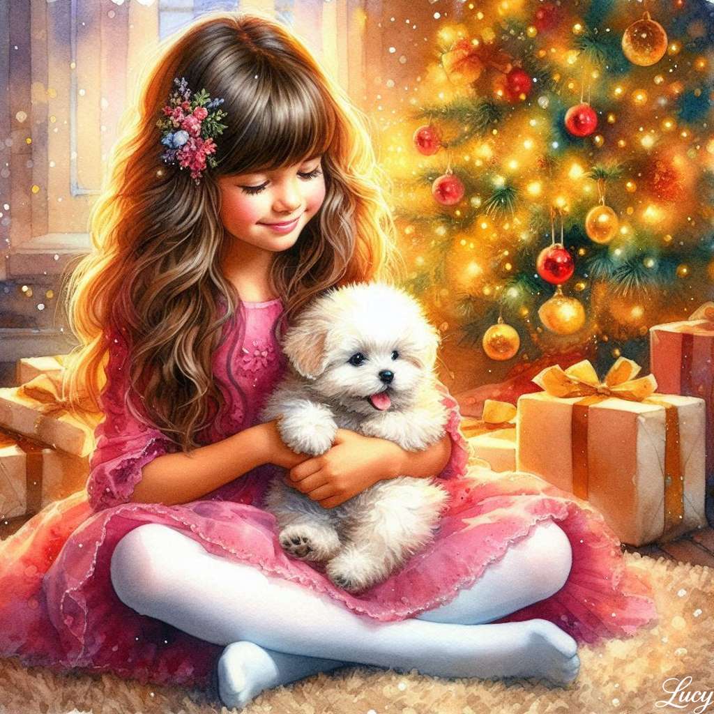 Una niña acuna suavemente a un perro pequeño y esponjoso. rompecabezas en línea