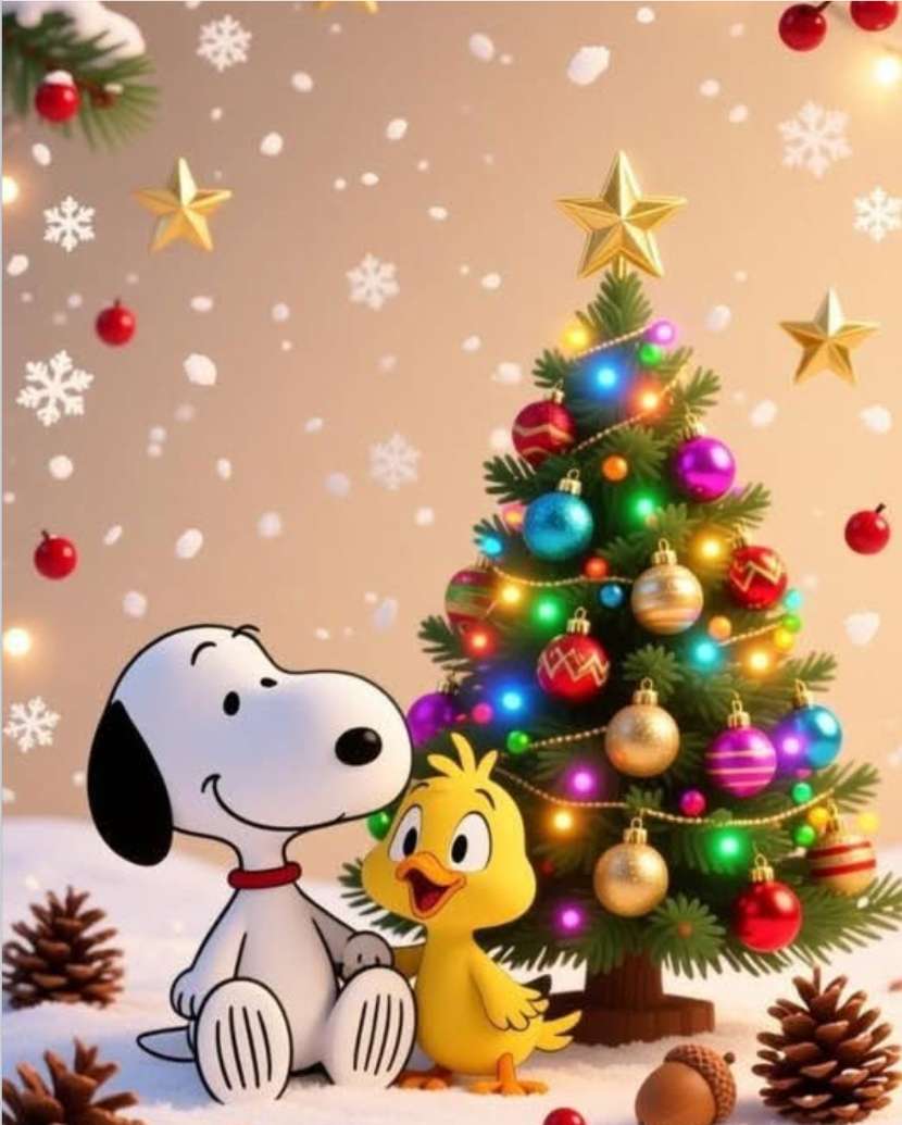 Snoopy en Ducky bewonderen de versierde boom. legpuzzel online