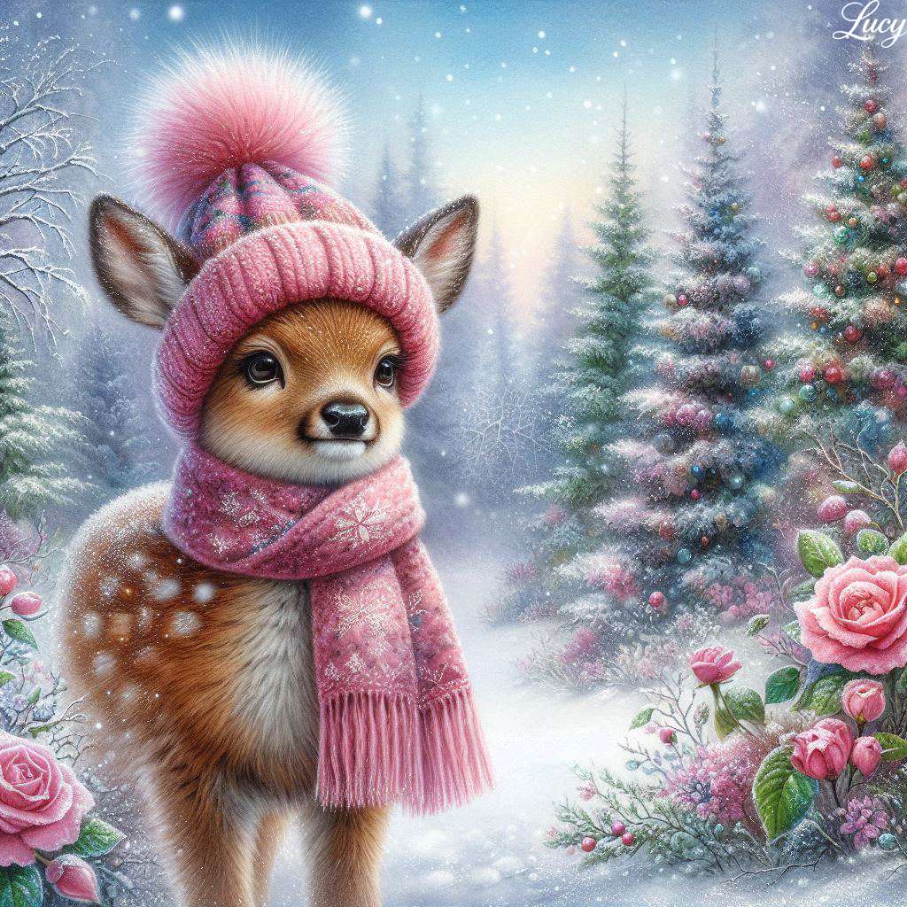 Um jovem cervo usando um chapéu de malha rosa puzzle online