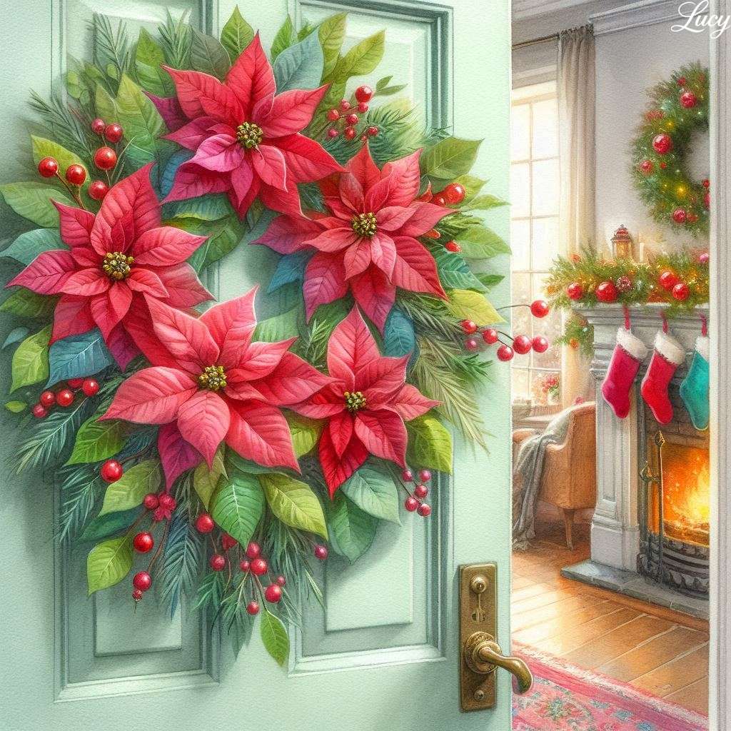 Poinsettia květiny a listy ve vánočním věnci online puzzle