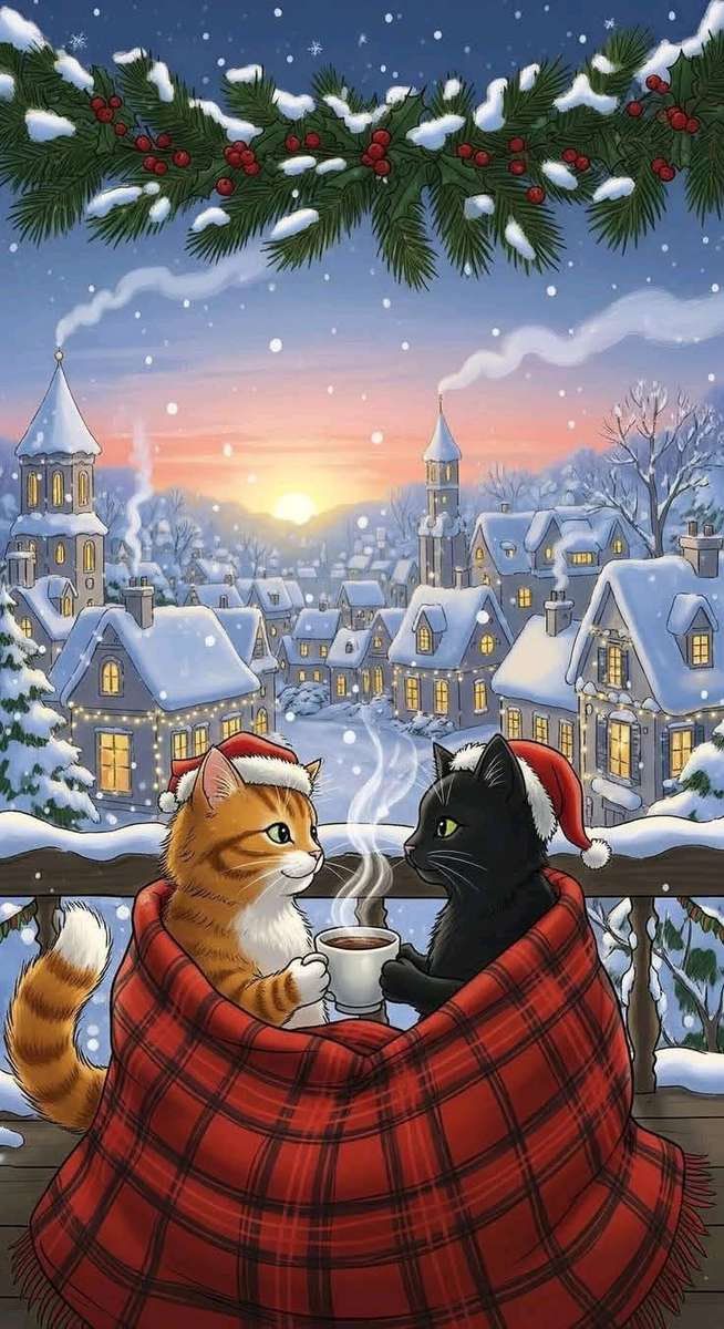 Katten als ontbijt in de besneeuwde stad online puzzel