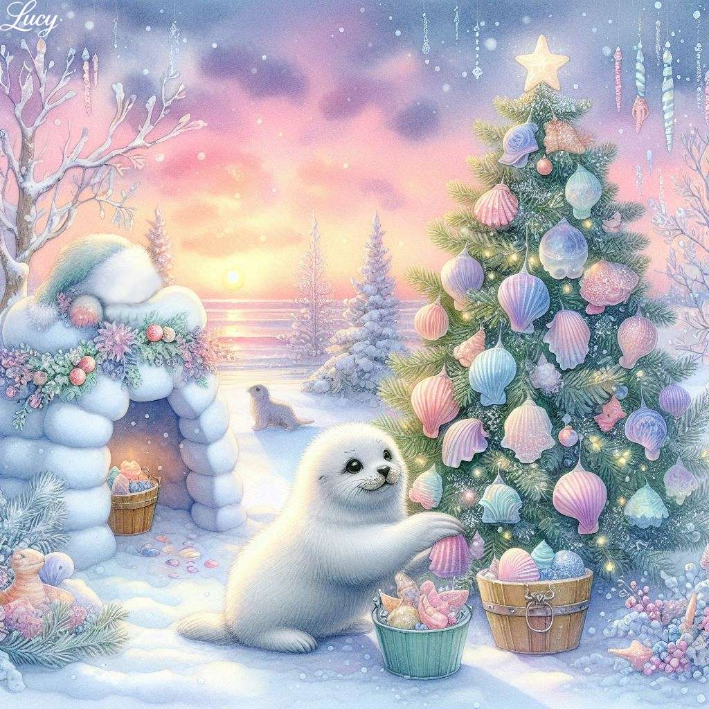 Foca bebé decorando un árbol de Navidad rompecabezas en línea