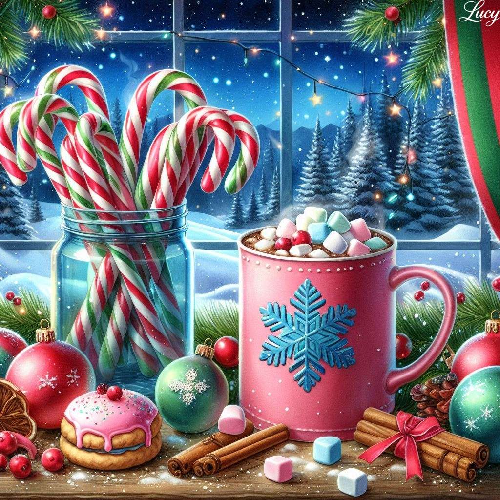 Rosa mugg med en blå snöflinga pussel på nätet