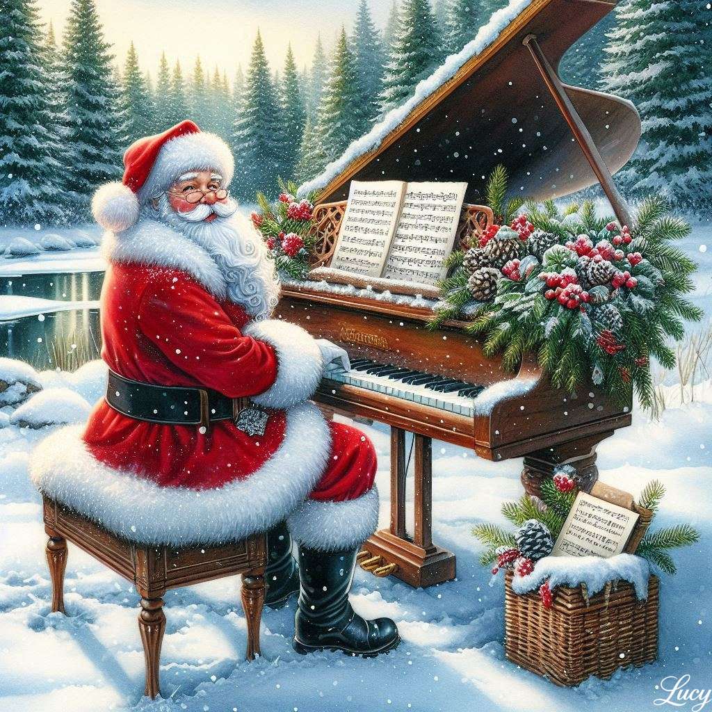 Jultomten sitter vid en snödammad flygel Pussel online