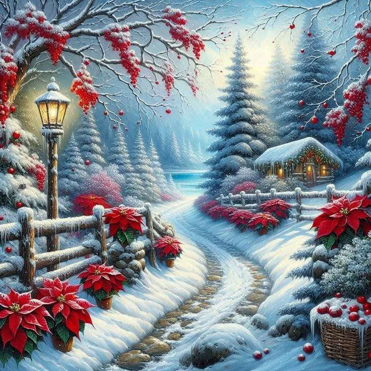 Poinsétias e muita neve quebra-cabeças online