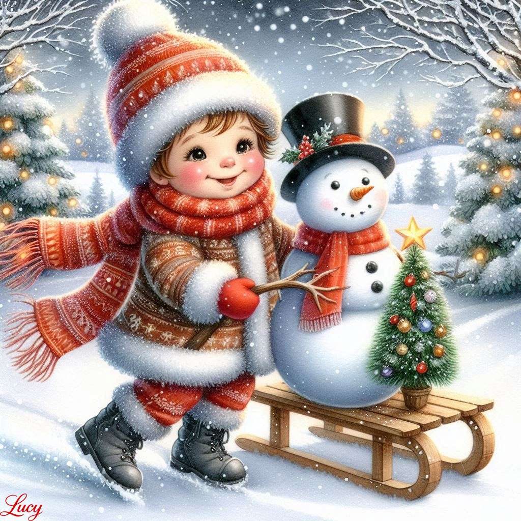 Niño pequeño tirando de un trineo de madera con un muñeco de nieve rompecabezas en línea