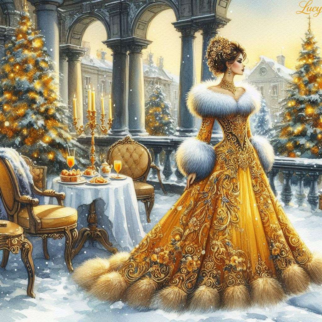 Elegante Frau in einem goldgelb bestickten Kleid Puzzlespiel online