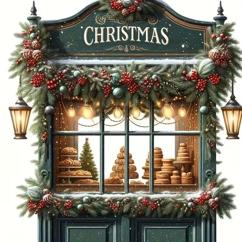 витрината на сладкарница, украсена за Коледа онлайн пъзел