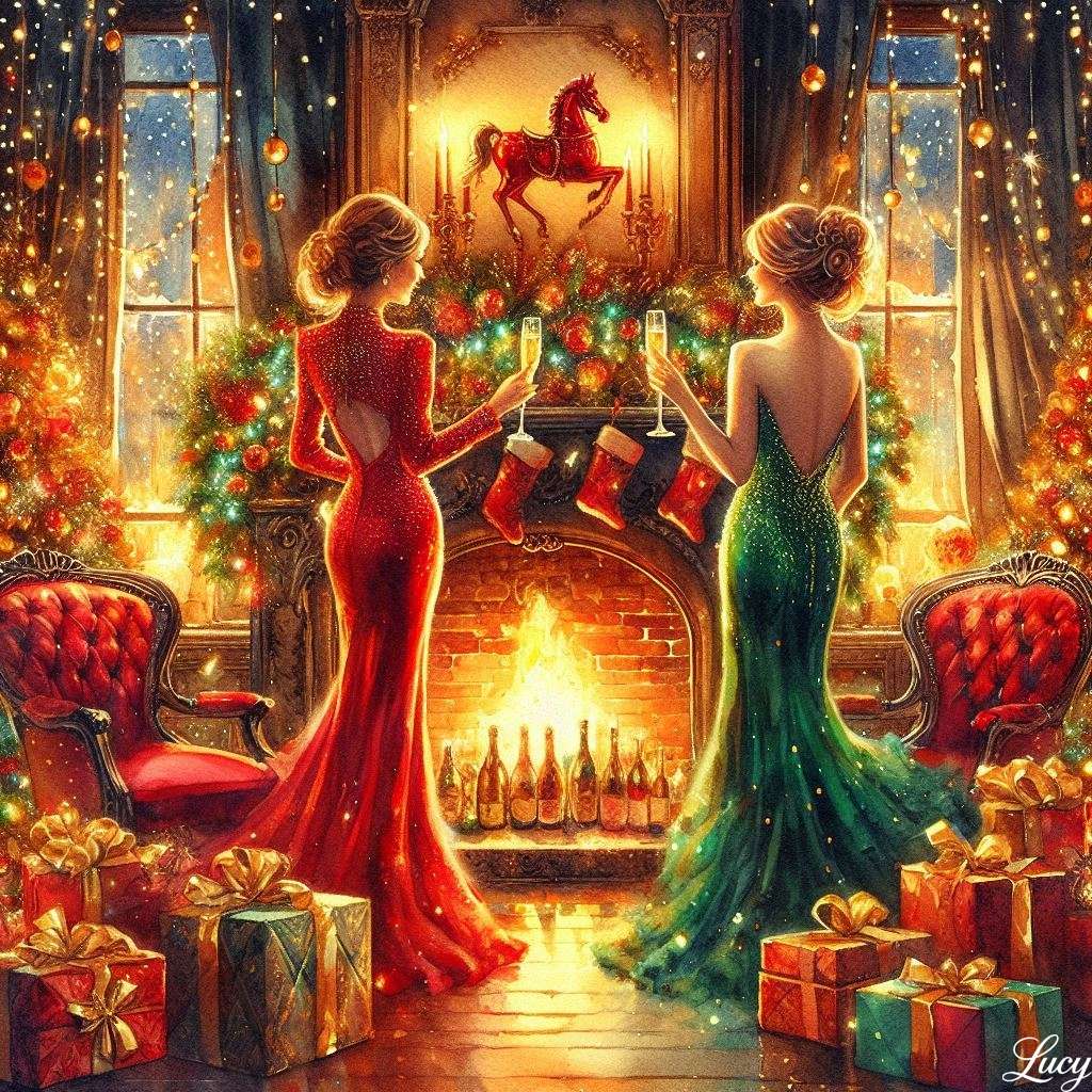 2 mujeres glamorosas con vestidos de noche rojos y verdes rompecabezas en línea