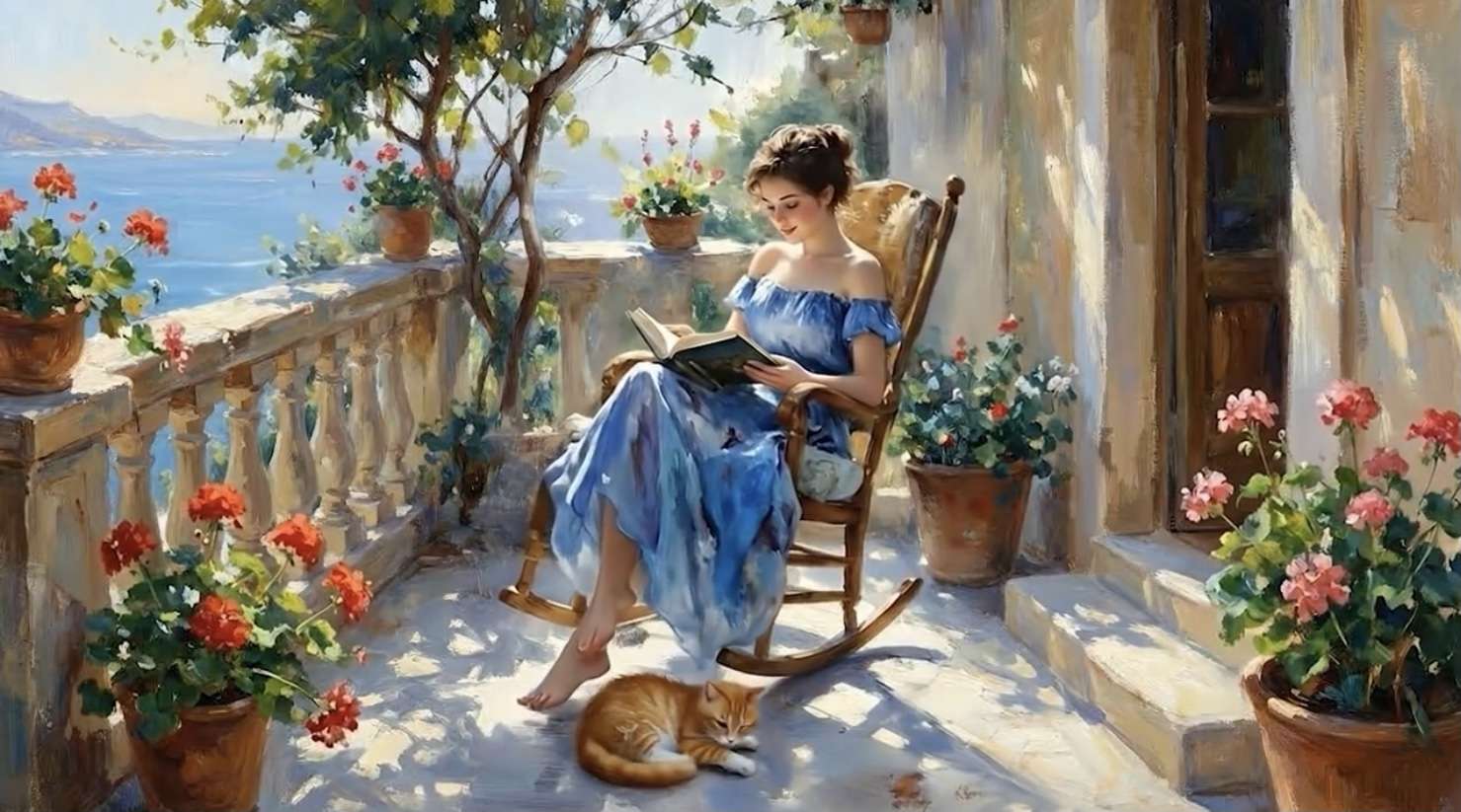 Leyendo en el balcón rompecabezas en línea