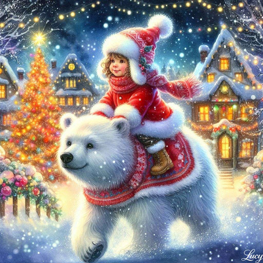 Malé dítě jezdí na velkém ledním medvědovi skládačky online