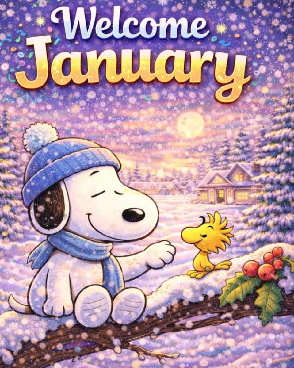 Снупі та Вудсток на кінцівках під час снігової бурі. пазл онлайн