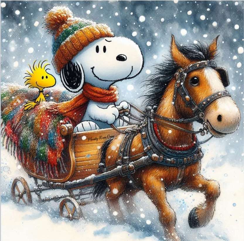 Вудсток і Снупі їдуть у візку з одним конем? онлайн пазл