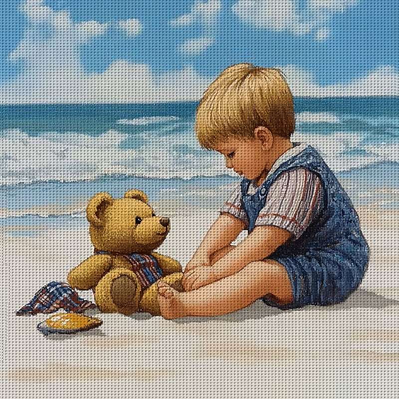 petit garçon avec un ours en peluche sur la plage puzzle en ligne