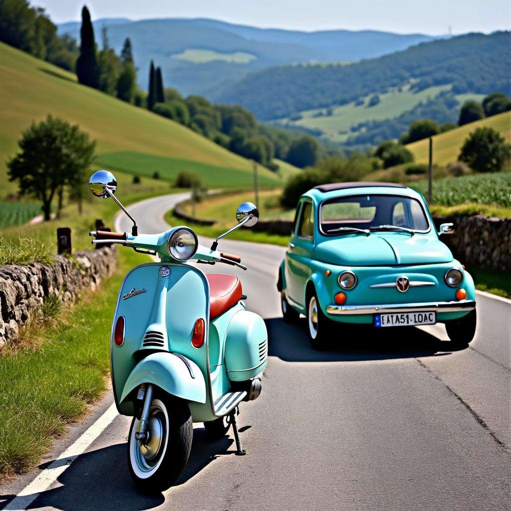 Vespa 🛵 och Fiat 500 (Vintage) (av 𝕄_𝔸𝕀) pussel på nätet