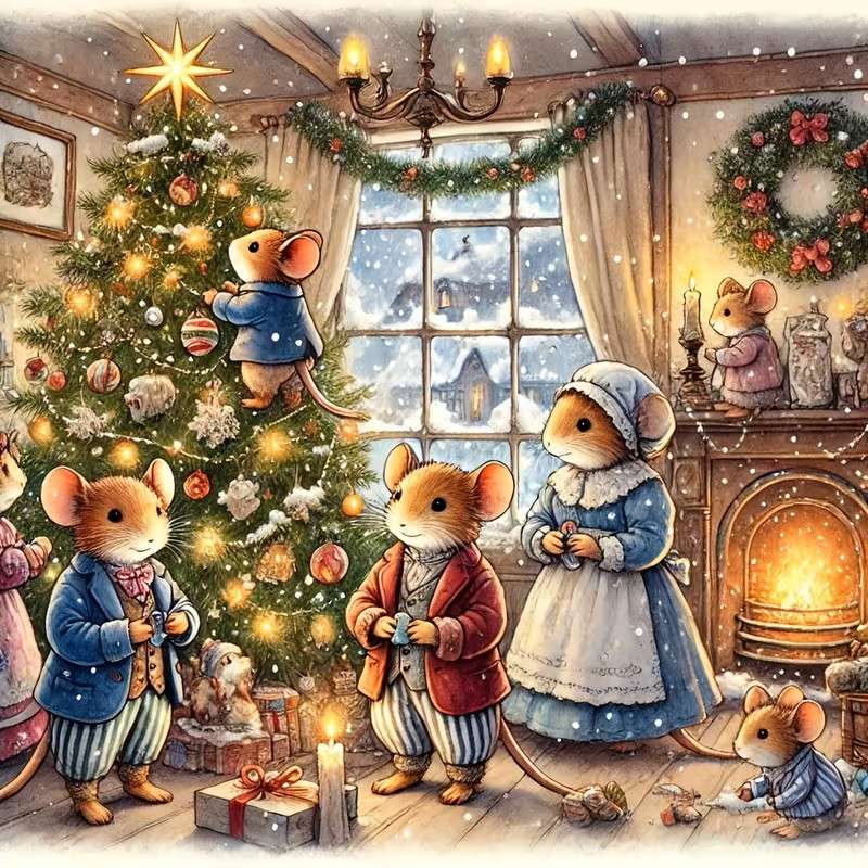 família de ratos perto da árvore de Natal puzzle online