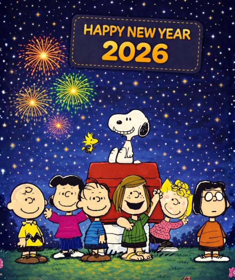 Snoopy smiles widely as the gang welcomes 2026! online puzzle