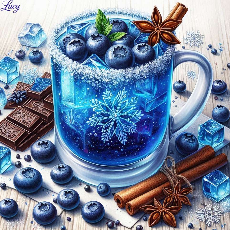 Una taza de vidrio esmerilado llena de líquido azul. rompecabezas en línea