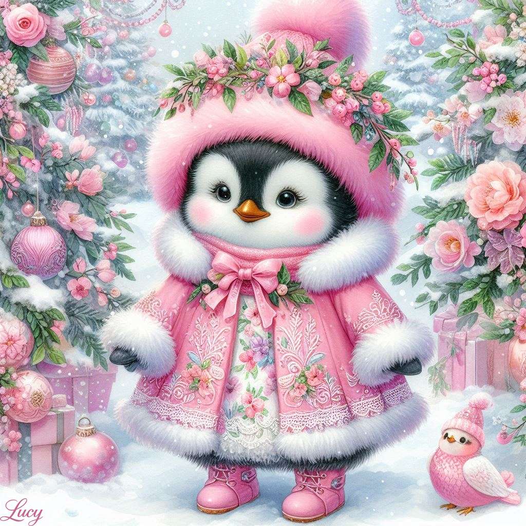 Ένα μωρό πιγκουίνο ντυμένο με ροζ χειμωνιάτικο παλτό online παζλ