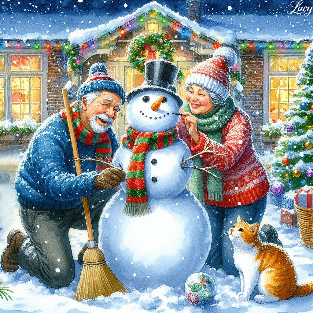 Пожилая пара радостно лепит снеговика пазл онлайн