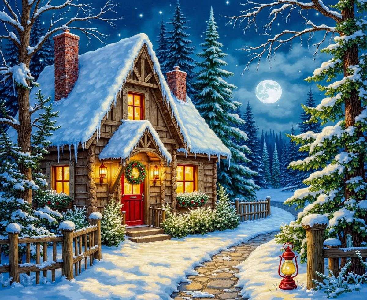 Нощен зимен пейзаж онлайн пъзел