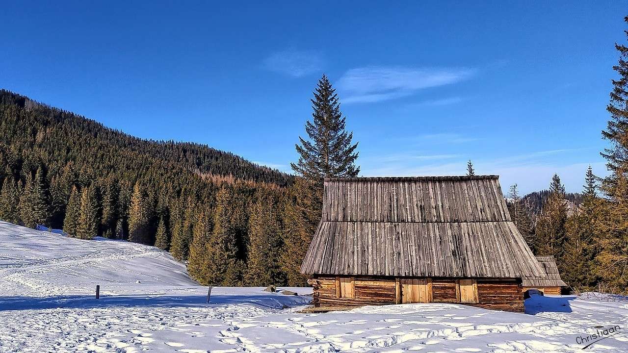 Dřevěný dům, hory, sníh. skládačky online