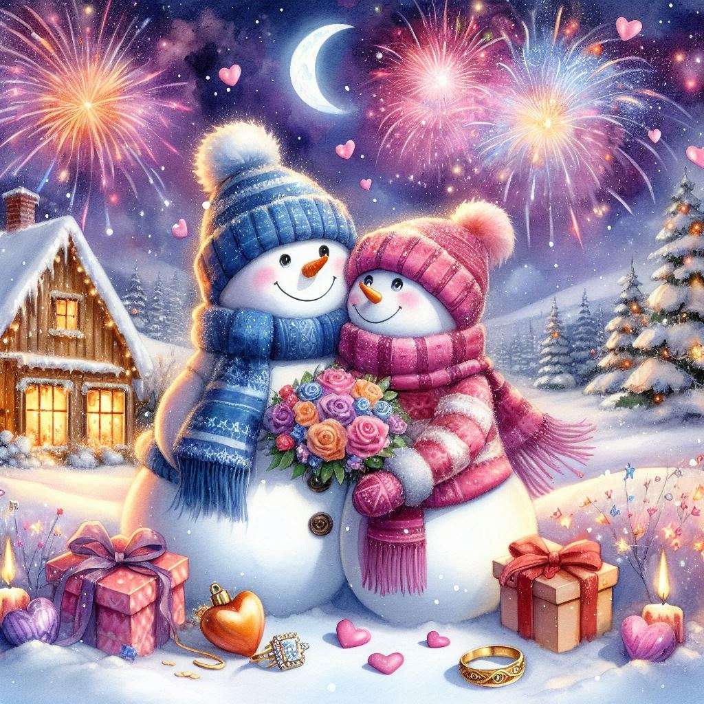 雪景色の中に寄り添う2人の雪だるま オンラインパズル