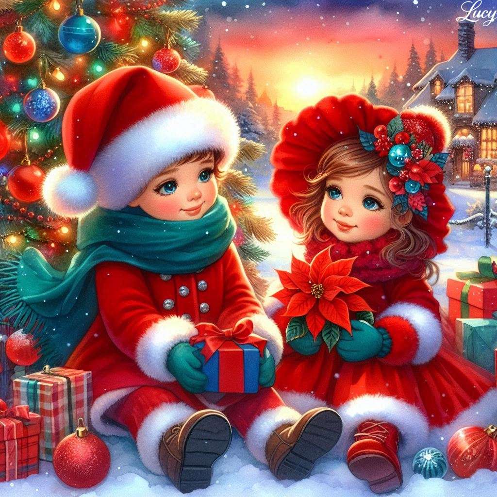 Δύο παιδιά με εορταστική κόκκινη χειμερινή ενδυμασία online παζλ