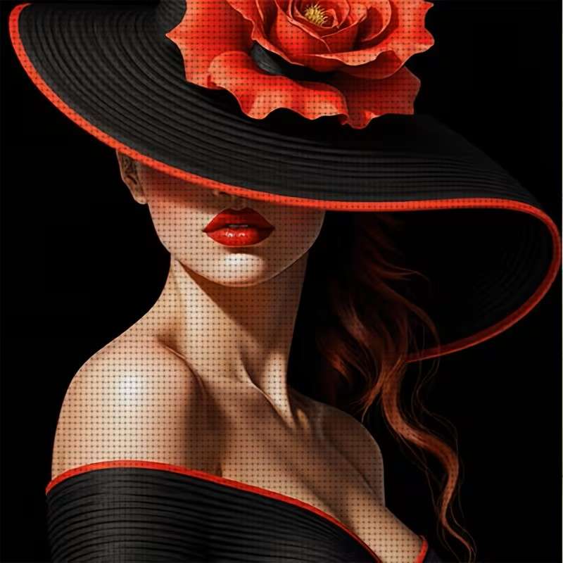 femeie în pălărie neagră cu trandafir jigsaw puzzle online