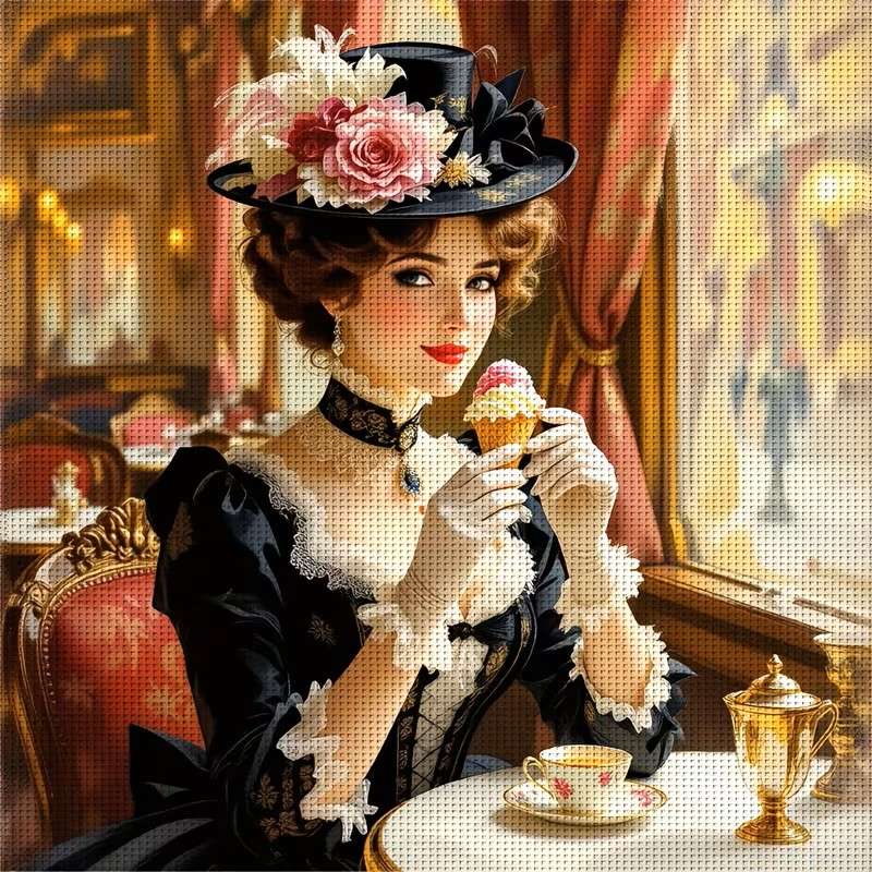 Frau mit Hut an einem Cafétisch Online-Puzzle