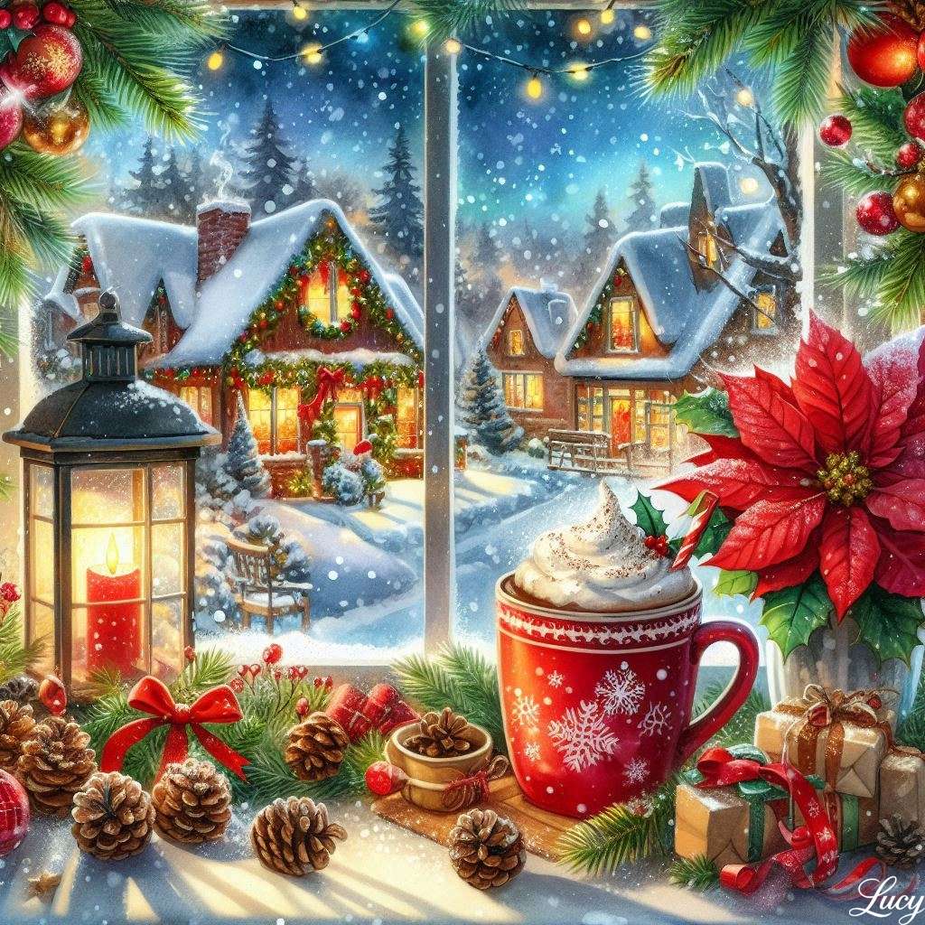 Une tasse rouge avec du houx, des flocons de neige et du cacao mousseux puzzle en ligne