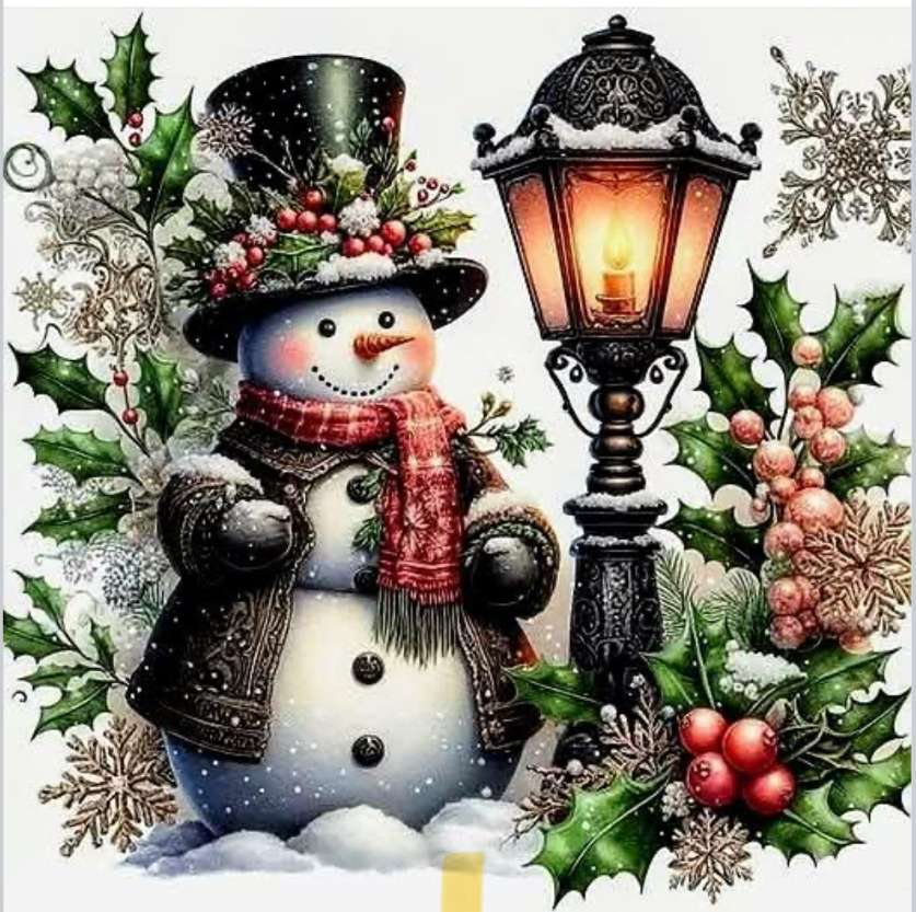 Fancy sneeuwpop bij een lantaarnpaal met veel klimop. online puzzel