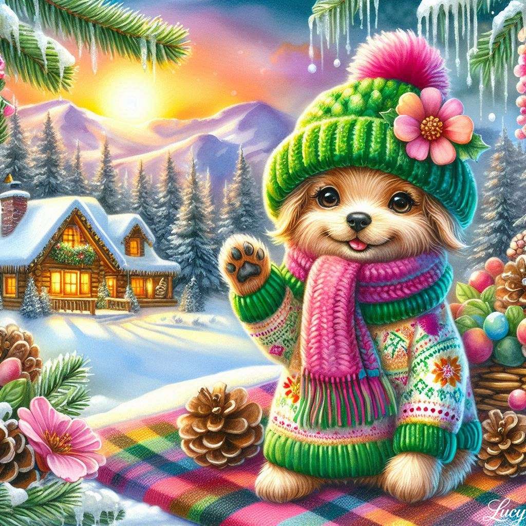 Um cachorrinho alegre com um chapéu de malha verde puzzle online