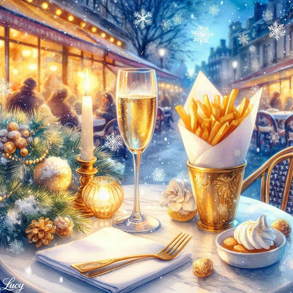 Champagner neben einer Tüte goldener Pommes Frites Puzzlespiel online