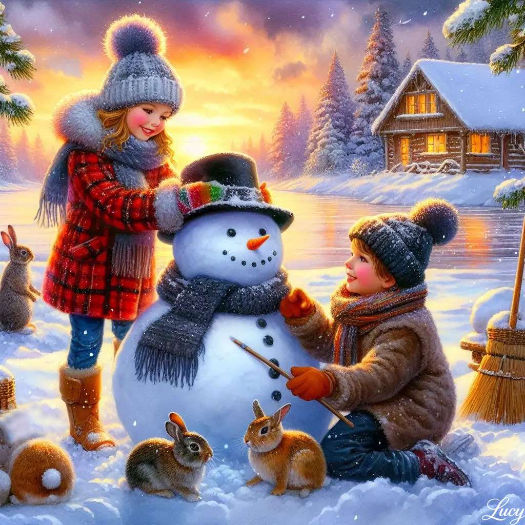 Children build a snowman beside a snowy lake online puzzle