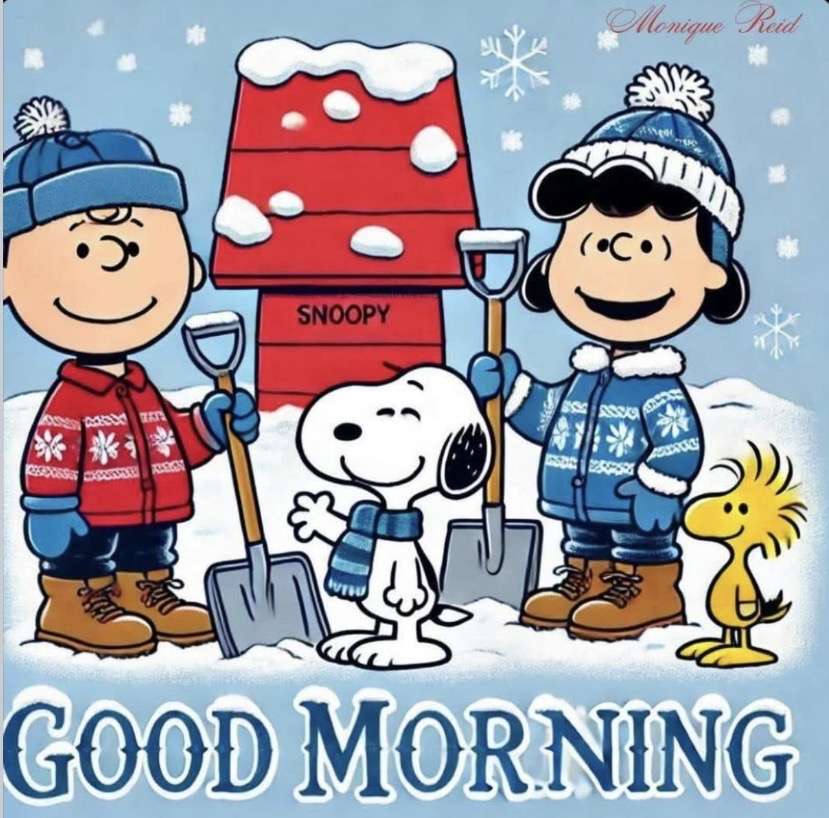 Les gars de Schulz pelletent de la neige près de la maison de Snoopy. puzzle en ligne