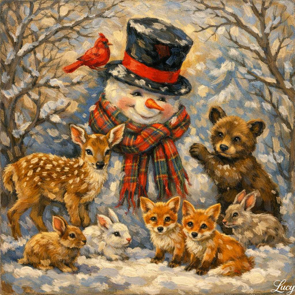 Pupazzo di neve e animali della foresta puzzle online