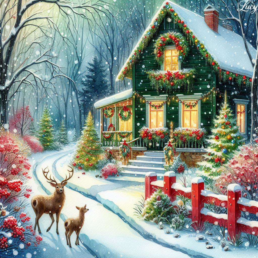 Een donkergroen huis versierd met feestelijke kransen legpuzzel online