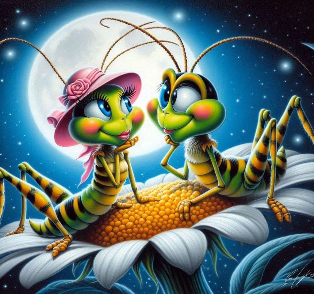 Två förälskade insekter sitter på en blomma Pussel online