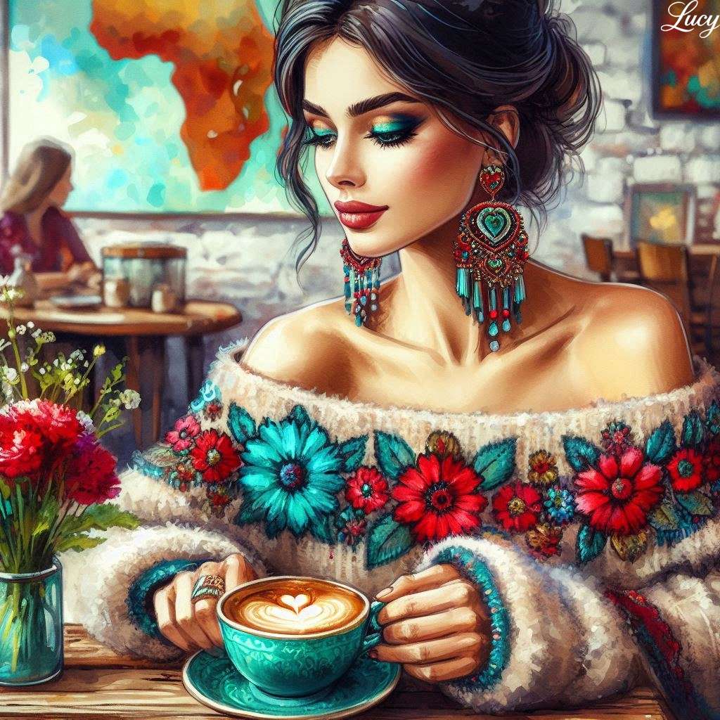 Una donna elegante si siede a un tavolo di legno rustico puzzle online